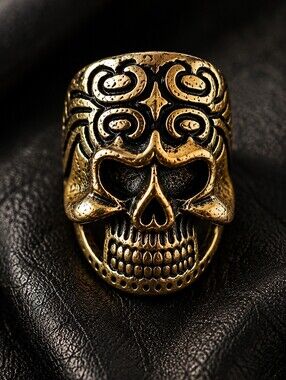 Vintage Gothic Skull Ring Gold Tone Biker Punk Unisex Size 6.5